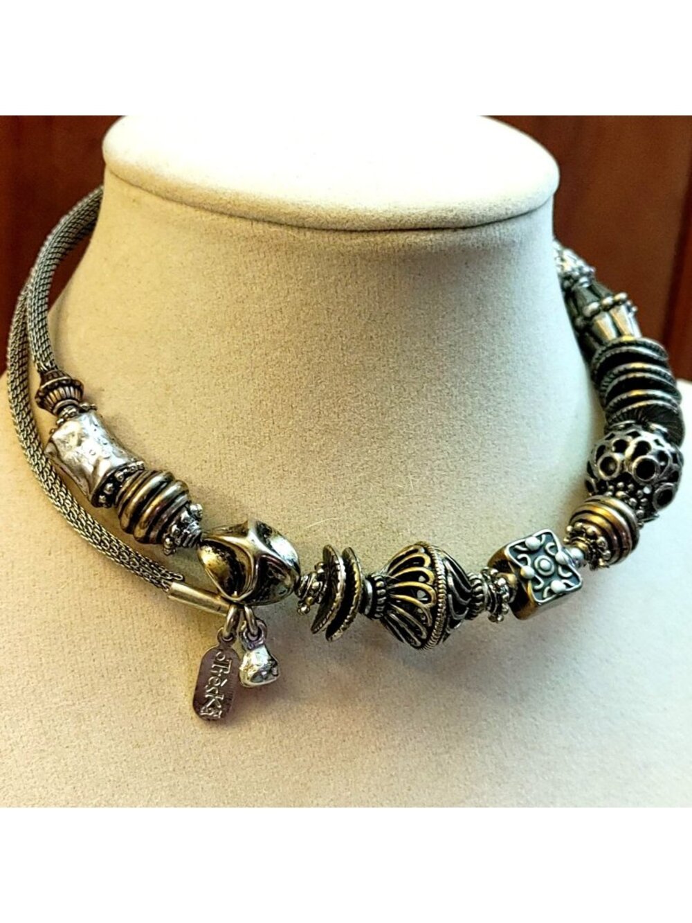 Treska Mesh Necklace Choker Bead Silver Tone Bohemian Artisan Handcrafted Design